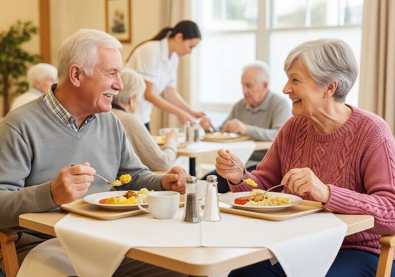Zdjęcie przedstawia uśmiechniętą parę seniorów spożywających posiłek w jasnej jadalni domu opieki - wygenerowane przez AI