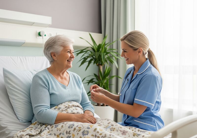 Zdjęcie przedstawia uśmiechniętą, starszą kobietę z życzliwą pielęgniarką - wygenerowano przez AI