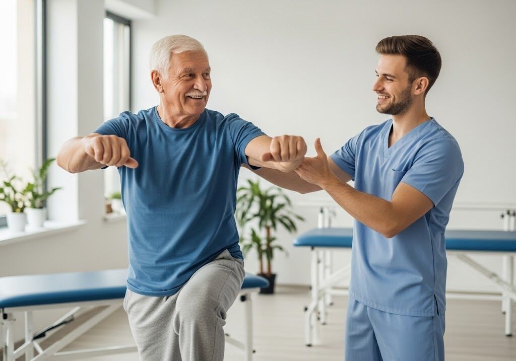 Zadowolony senior podczas rehabilitacji z rehabilitantem - grafika stworzona przez AI